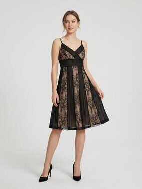 LOFT Black Lace Overlay Midi Dress Nude Lining Size 6